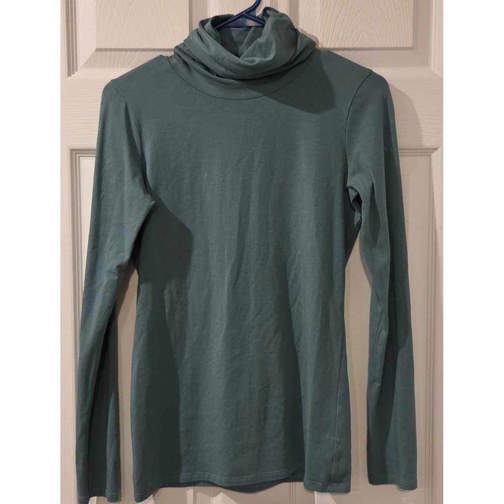 Peruvian Connection Pima Cotton Turtleneck Top S Teal Stretch Long Sleeve Peru
